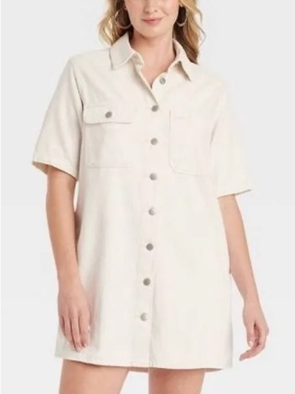 Universal Thread Button-Front Denim Shirt Dress in Cream